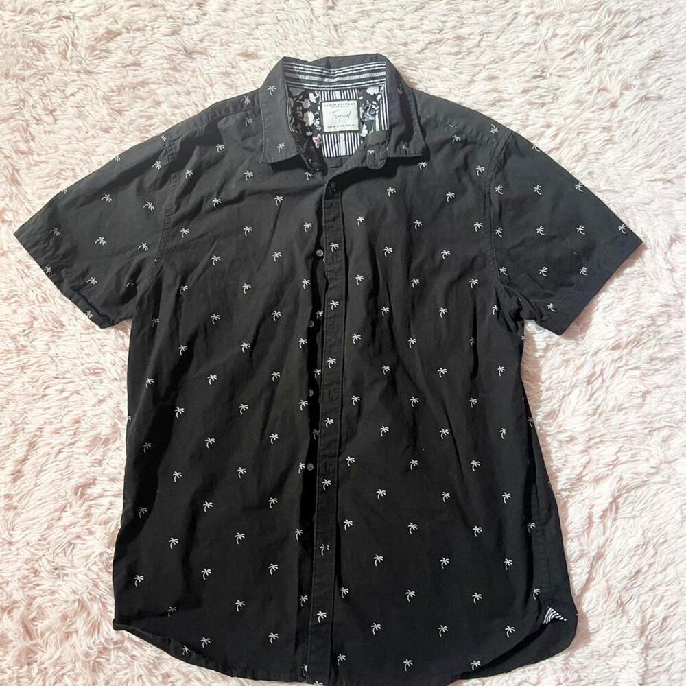 Monochrome Embroidered Palm‎ Tree Coastal Resort Vacation Men’s M Button Up Polo
